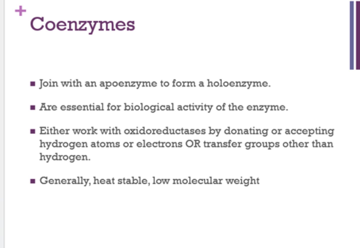 <p>either work with oxidoreductases by donating or accepting hydrogen atoms or electrons OR transfer groups other than hydrogen</p>