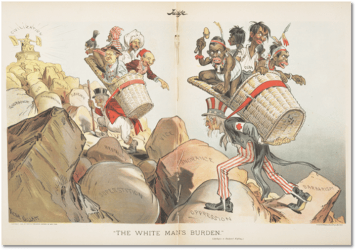 <p>European and Americans believed it was their responsibility to spread Christianity, civilize and educate other nations, and end the slave trade. Overall, the critique that white men are better and should make everything better according to them.</p>