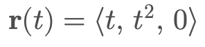 <p>r(t) = &lt;t, t<sup>2</sup>, 0&gt;</p>
