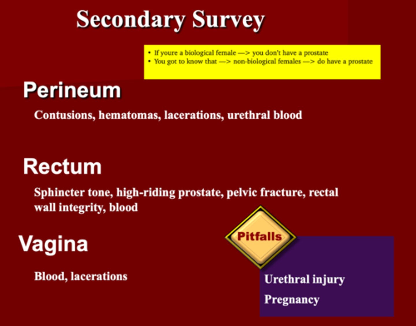 <p>1. Contusions</p><p>2. Lacerations</p><p>3. Hematomas</p><p>4. Urethral blood</p>