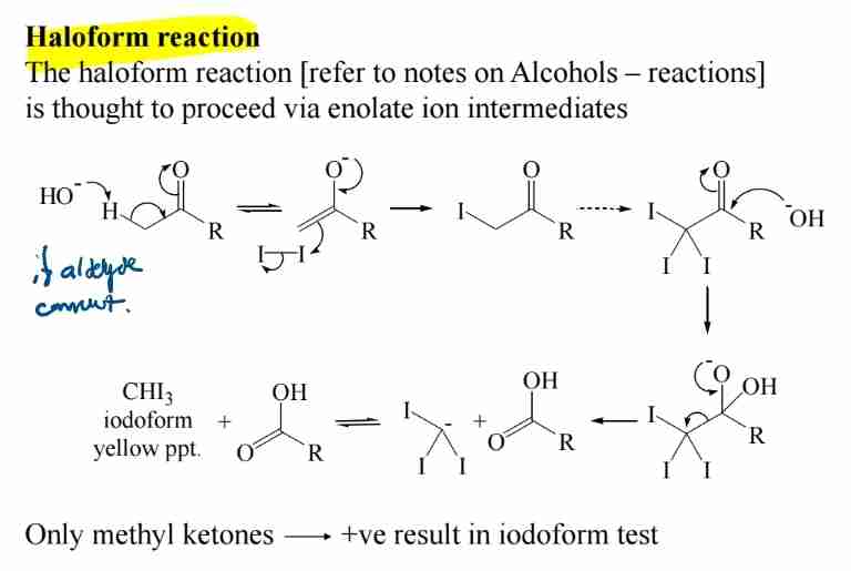 <p><span>Methyl ketones react with halogens (e.g., iodine) to form haloforms (positive iodoform test).</span></p>