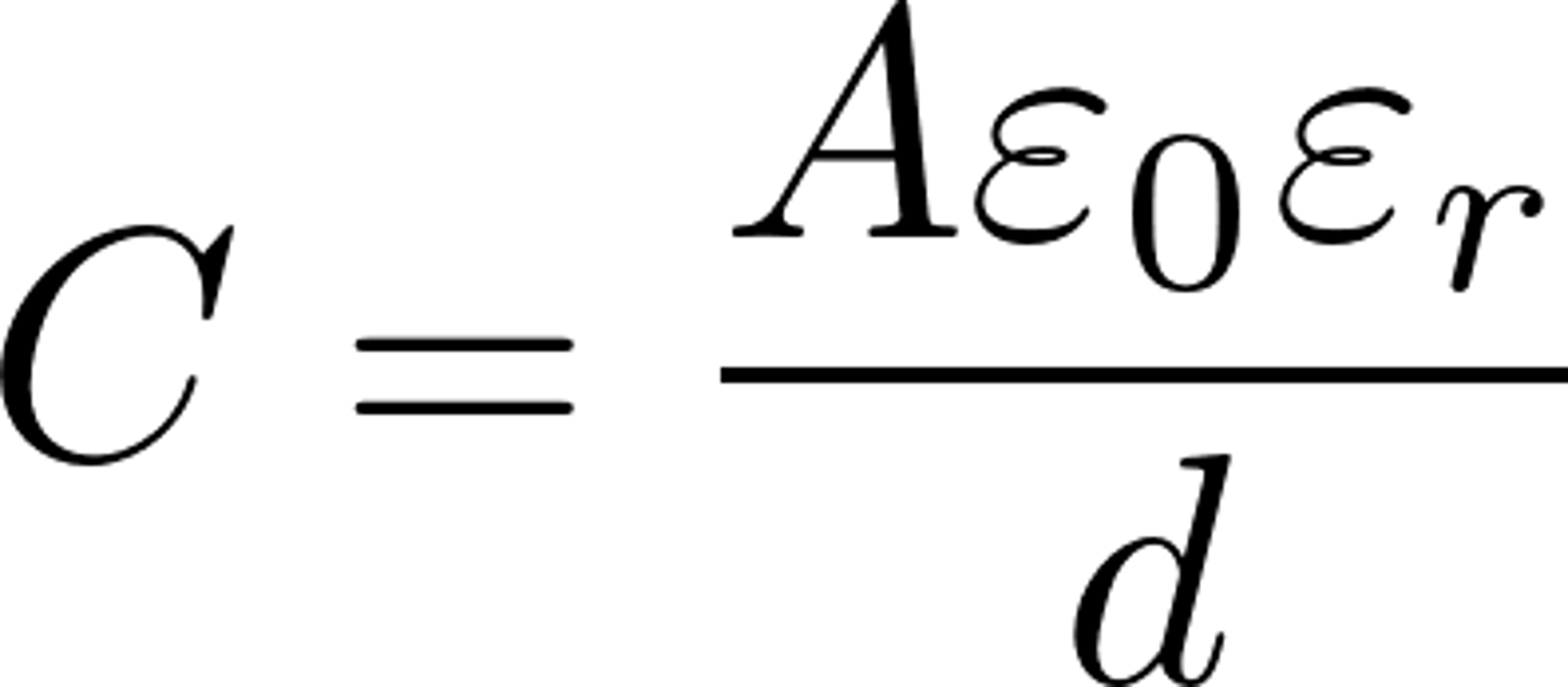 <p>A = area of 1 plate</p><p>d = distance between plates</p><p>ε₀ = permittivity of free space (constant)</p><p>εr = relative permittivity of insulator between plates</p>