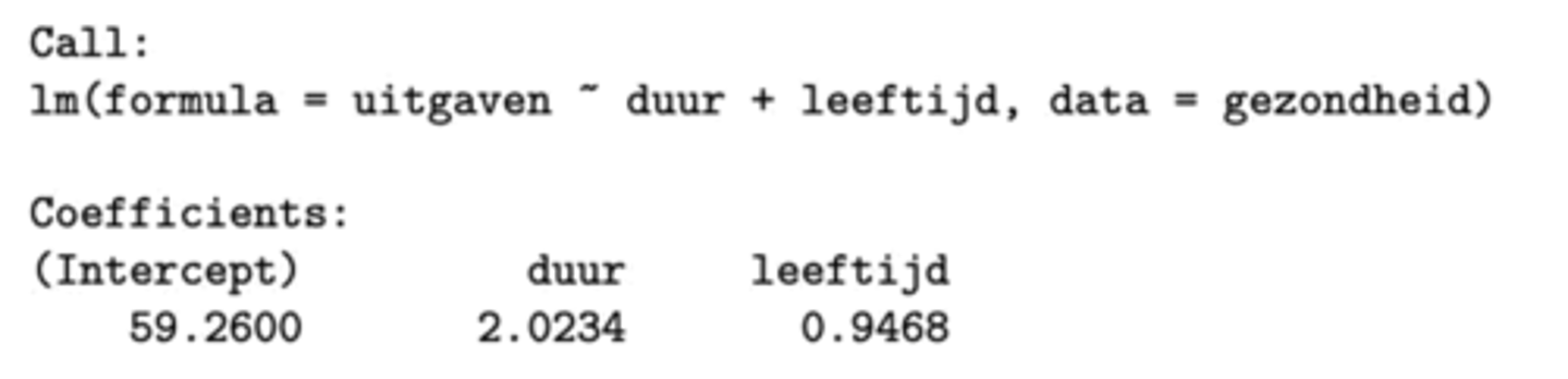 <p>- + teken = de opsomming van de predictoren (geen optelfunctie)</p><p>- uitgaven worden verklaard door de predictoren duur en leeftijd</p><p>- de output: de lijst van coëfficiënten van het best passende (hyper)vlak, deze zijn gebaseerd op een steekproef </p><p>b0 = 59,26, bduur = 2,02, bleeftijd = 0,95</p><p>-> deze coëfficiënten worden gebruikt om de parameters van het meervoudig lineair model te schatten</p>