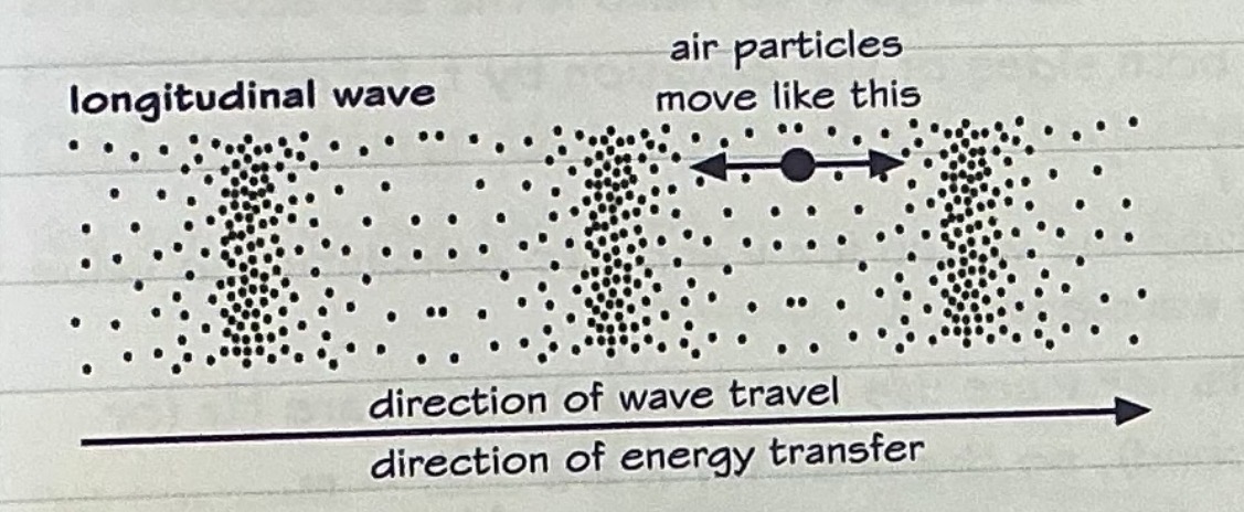 <p>Sound waves and seismic P waves are longitudinal waves. The particles in the material the sound is travelling through move back and forth along the same direction that the sound is travelling.</p><p>Particles in a a longitudeinal wave move along the same direction as the wave.</p>