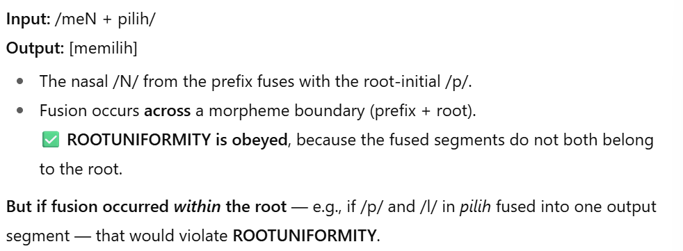 <p>Assign one violation mark for every pair of distinct input segments belonging to the same root that correspond to a single output segment (i.e., fusion within the root)</p><ul><li><p>All segments that are part of the same root morpheme should have the same features across all its occurences in the output</p></li></ul><p><span style="color: blue;">F</span></p>