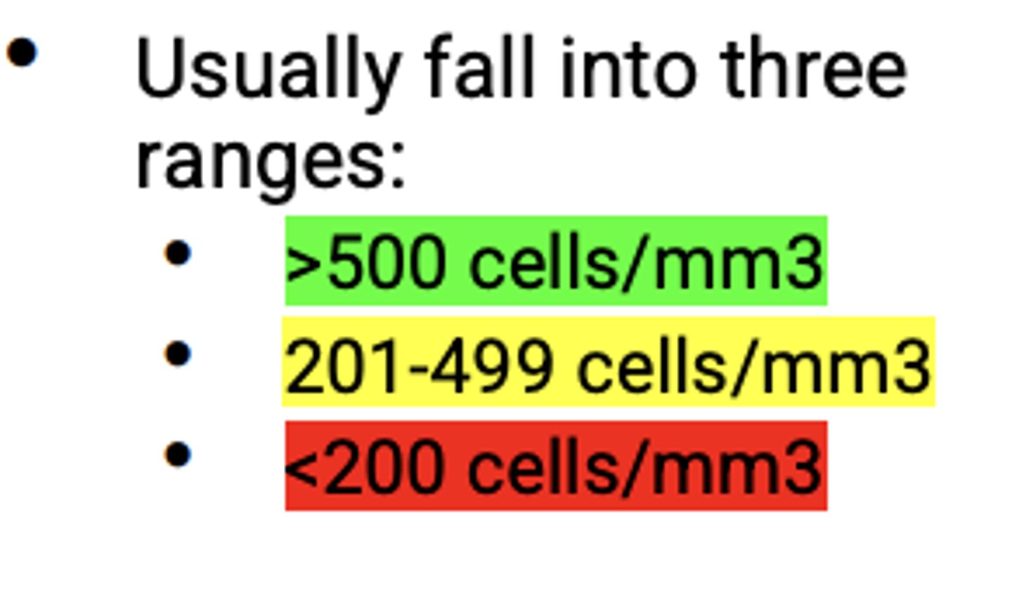 <p>>500 = normal</p><p>201-499 = may have sx</p><p><200 = advanced immunosuppression</p>
