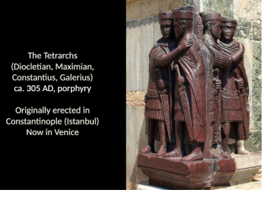 <p>Portraits of the Tetrarchs </p><p>How are the Tetrarchs represented in their portrait that is now in Venice? What was the Tetrarchy, and how is the organization of the Tetrarchy visible in the sculpture? </p>