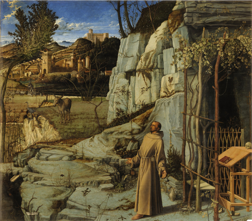 <p>Giovanni Bellini’s (c. 1430-1507) <em>Saint Francis in the Desert</em> c. 1475-1480, oin on panel.</p><p>Saint Francis, founder of the Franciscan order (1209), had, while on a retreat in the wilderness, a vision of receiving the stigmata (the wounds of Christ) from an angel. Usually represented literally, Bellini, in the humanist tradition of the Renaissance, represents the divine by the natural light bathing Saint Francis as he<br>experiences his vision.</p>