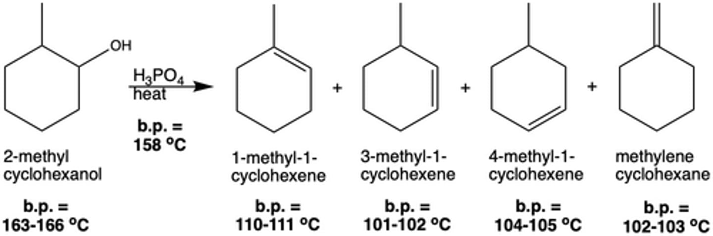 <p>A simple distillation is sufficient to separate the different products from the reactants since the boiling points are different enough. This distillation will collect the products in a round bottom flask (not in fractions), because the boiling points of the products are too similar.</p>
