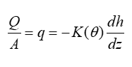 <p><span><span>Darcy flux, specific discharge, Darcy velocity</span></span></p><p style="text-align: left;"><span><span>&nbsp;&nbsp;&nbsp;&nbsp;&nbsp;&nbsp;&nbsp;&nbsp;&nbsp;&nbsp;&nbsp; = flow per cross-sectional area</span></span></p>