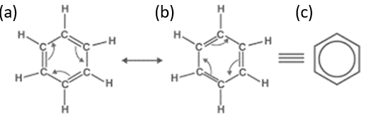 <ul><li><p>the e- are delocalized or shared throughout the ring structure — across the single &amp; double bonds</p></li><li><p>contributes to increased stability, resulting in lower reactivity</p></li><li><p>can exist as 2 structures, A. and B., and written as C.</p></li></ul><p></p>