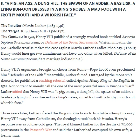 <p>Henry VIII lived &amp; died (bad) <strong>RC</strong> - never thought of himself as Prot. yet gave us 1st flush ER - <strong><s>likely</s> Reformer</strong>.</p><p>Trad. con. in his views: believed in transubstantiation, confession, liked images, etc…</p><p>(1521) Got into spat w/<mark data-color="#f1ec78" style="background-color: #f1ec78; color: inherit">Martin Luther</mark> →won title<span style="color: blue"><strong> <em>Defensor Fidei</em> </strong></span>← Pope writing in defence trad. RC view 7 sacraments, to which Luther called him <span style="color: rgb(210, 208, 100)">‘<em>a pig, an ass, a dung hill, the spawn of an adder, a basilisk, a lying buffoon dressed in a king’s robes, a mad fool with a frothy mouth and a whorish face’</em></span></p><p>Early Protestants could be ferociously persecuted by Henry VIII’s govt - e.g. Norfolk preacher Thomas Bileny people burnt for herecy 1531 for preaching</p>