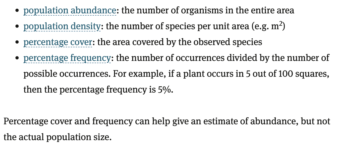 <p>Quadrats are square frames used to describe the area of study. Quadrat sampling can be used to estimate: population abundance, population density, percentage cover, and percentage frequency.</p>