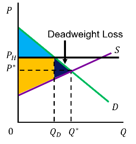 <p>Reduction in total surplus</p><p>For example, in Ontario, the government imposes minimum prices on alcohol and tobacco products </p><p>This is due to the fact that these have serious health concerns, so the government wants you to buy less of these items </p>