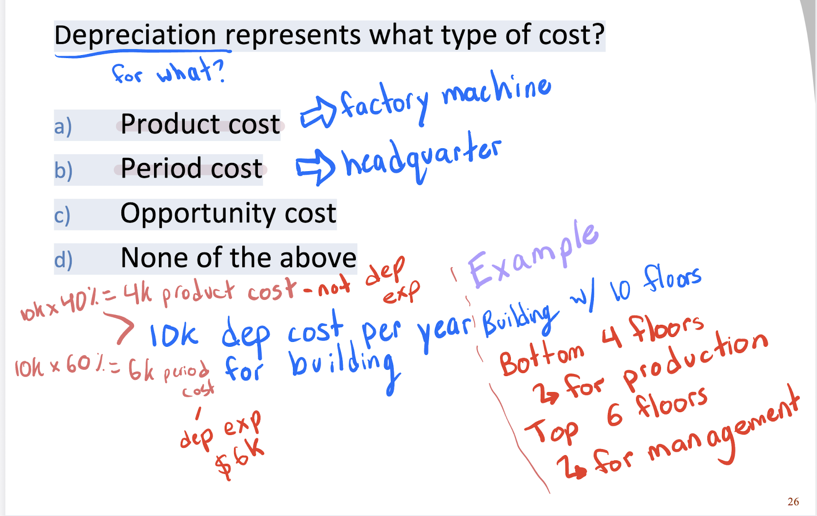 <p>a) Product cost </p><p>(factory machine)</p><p>b) Period cost</p><p>(headquarters)</p><p>Depreciation for what??</p>