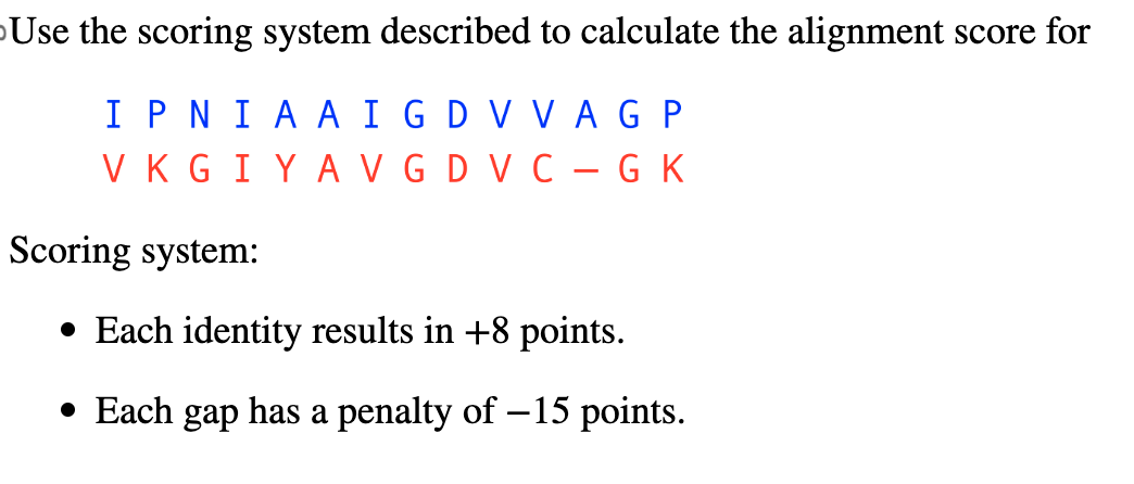 <p>What are the alignment score and percent identity?</p>