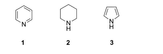 <p>Determine the hybridisation state of the Nitrogen atom in each of the heterocyclic molecules</p>