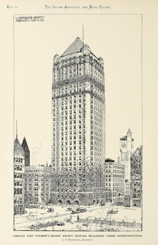 <p>(a)&nbsp;Cloudscraper</p><p>(b) Leroy Buffington</p><p>(c) Project for a 28-story Building</p><p>(d) 1880s</p><p>(e) Harvey Ellis</p>