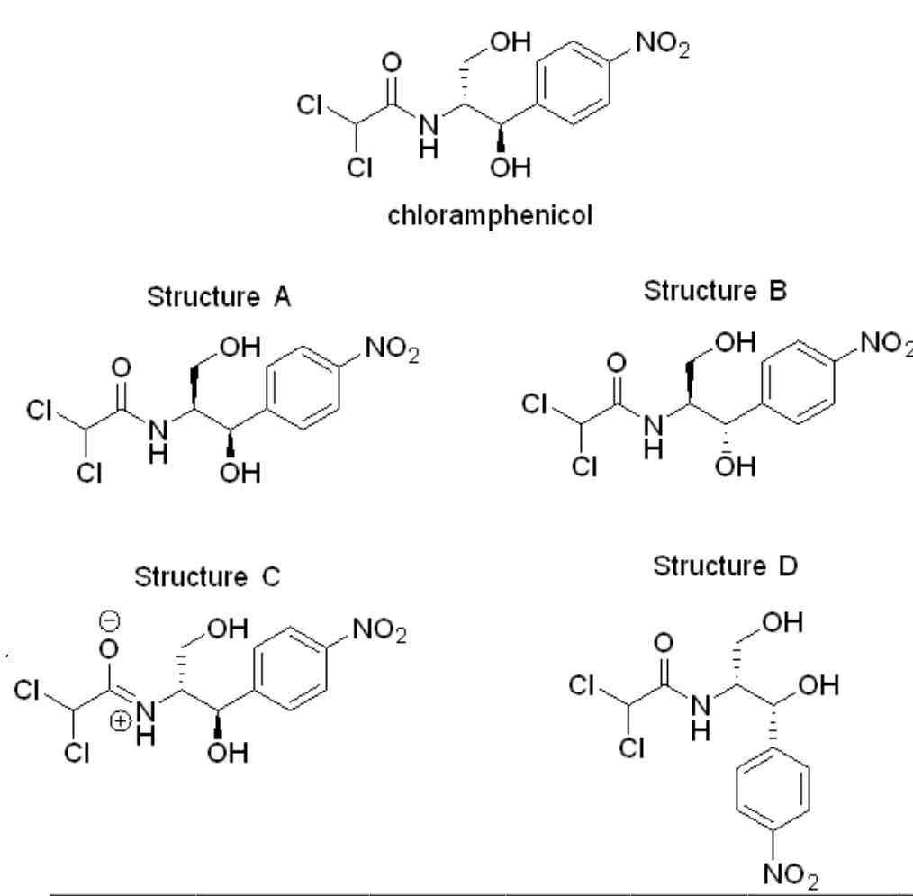 <p><span style="color: rgb(0, 0, 0)">The structure above shows the drug chloramphenicol, with 4 additional structures A-D. Determine the nature of the relationship between chloramphenicol and each of the structures A-D with respect to their stereochemistry.</span></p>