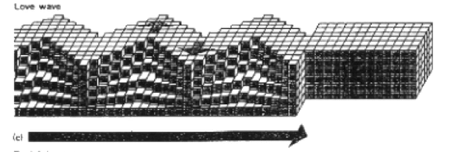 <p>Surface wave. Motion like an s-wave but does not go up and down, just side to side. They do not travel through water. Only travel through surface of earth. Damaging to foundations and structures.</p>