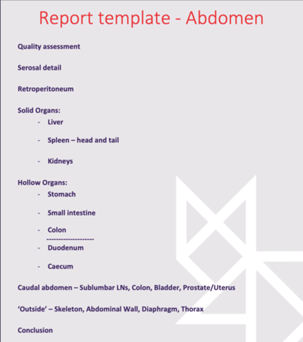 <p>1. Checklist of things to look at so nothing is forgotten, done the same way every time. Different checklists for abdomen, thorax, limbs ect.</p><p>2. Look at the organ on all views before moving on</p>