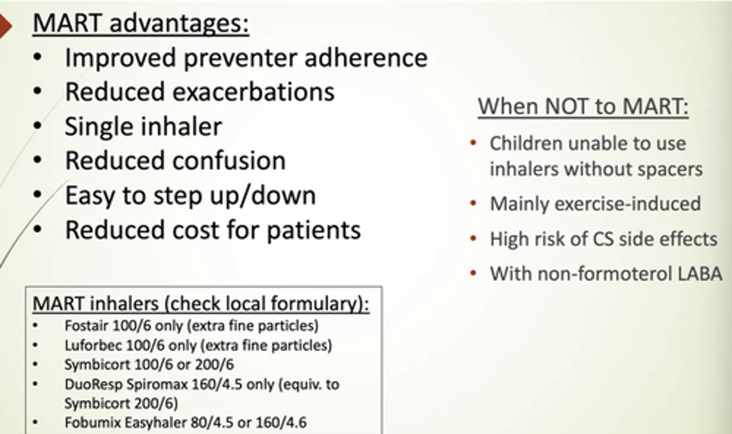 <p>- Improved preventer adherence.</p><p>- Reduced exacerbations.</p><p>- Single inhaler.</p><p>- Easy to step up/down.</p><p>- Reduced cost for pts.</p>