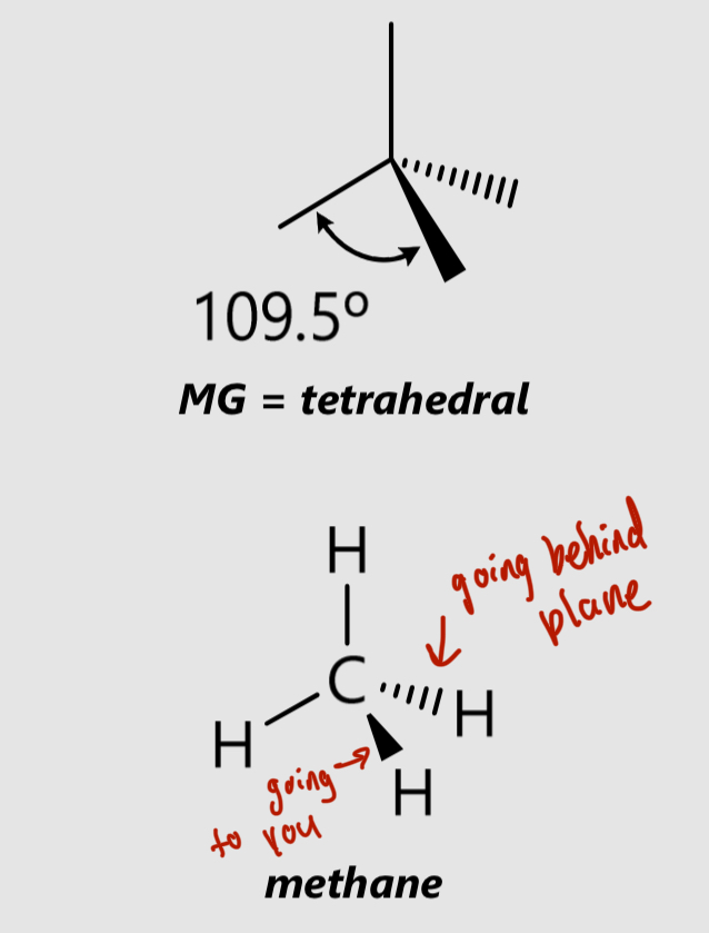 <p>MG = Tetrahedral</p><p>109.5°</p>