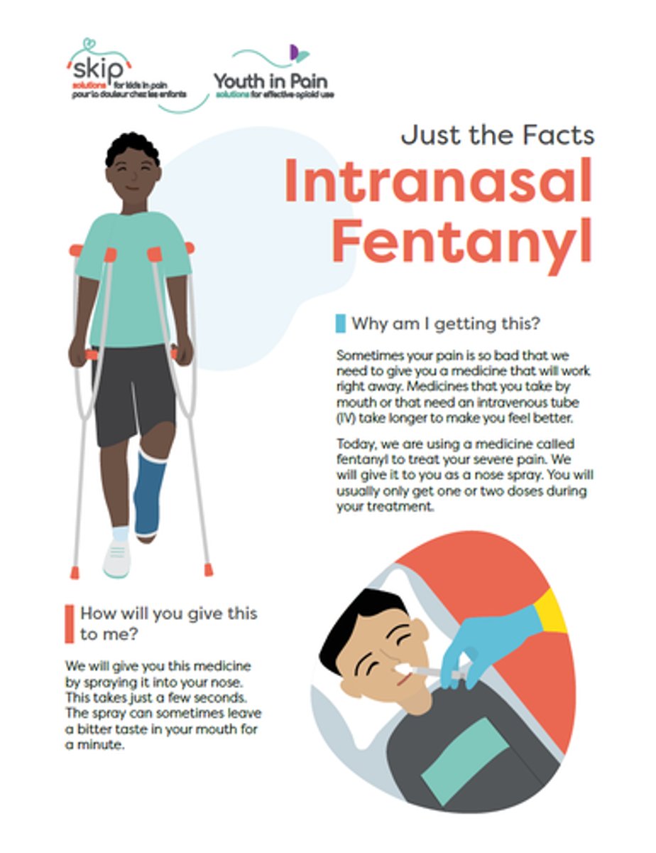 <p>- (IN) intranasal route => non invasive</p><p>- usually fentanyl or ketamine</p>