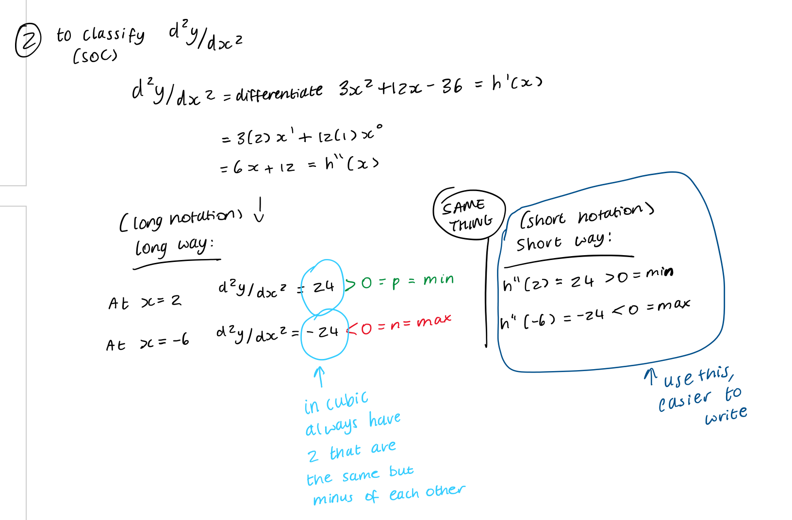 <p><span style="color: rgb(248, 198, 0);"><strong>Local turning points (cubic function)</strong></span></p><ul><li><p><span style="color: rgb(0, 0, 0);">local maximum or minimum</span></p></li><li><p><span style="color: rgb(0, 0, 0);">when there are other points on the curve which have higher/lower values of y</span></p></li></ul><p></p><p><span style="color: rgb(23, 0, 251);"><strong>Global turning points (quadratic function)</strong></span></p><ul><li><p>global AND local maximum or minimum</p></li><li><p>no other higher/lower points on curve</p></li></ul><p></p>