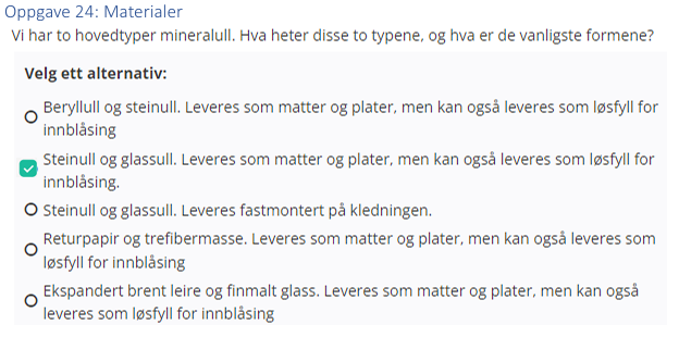 <p>Steinull og glassull. Leveres som matter og plater, men kan også leveres som løsfyll for innblåsing</p>