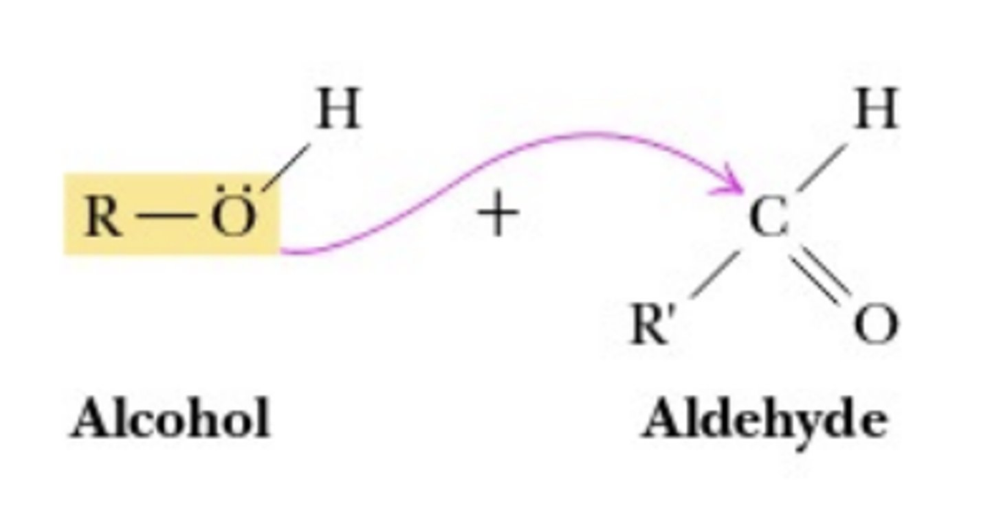 <p>Monosaccharides form ring structures through a chemical reaction where the carbonyl group (C=O) on one end of the sugar molecule reacts with a hydroxyl group (OH) on a different carbon atom within the same molecule, creating a cyclic hemiacetal (or hemiketal for ketoses) and forming a ring structure with an oxygen bridge between two carbon atoms</p>