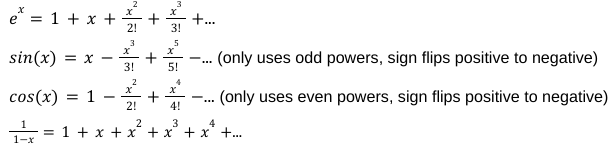 sin: starts pos to neg, uses odd powers 

cos: starts pos to neg, uses even powers