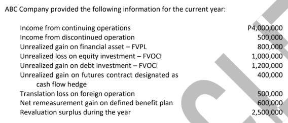 <p>What net amount should be reported as OCI for the current year?</p><p>a. P4,000,000</p><p>b. P3,500,000</p><p>c. P3,200,000</p><p>d. P700,000</p>
