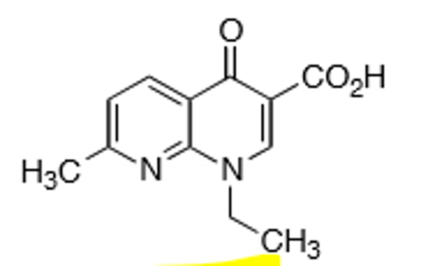 <p>First generation quinolone, activity more against gram (-) bacteria, only useful for treatment of lower urinary tract infections. Rare hallucinations, delirium, and sezirues in patients also taking NSAIDs and theophylline, don't give under the age of 18 due to growing tendons, risk of tendon rupture main resistance is point mutations in A and B subunit of DNA gyrase, leading to decreased binding affinity of quinolones to DNA gyrase.</p>