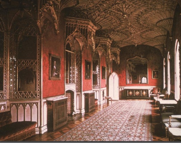 <p>Walpole, Twickenham, England, 1749-76, 18th century freedom of expression. Commissioned by a gothic novelist with a fetish for gothic architecture. Buildings already on site before started and expanded on it. Creates scenography of medieval times. Has turrets, tracery, quatrefoil, crenelations, and fan vaults. Vaults are carried by consoles that aren’t really carrying any weight. Built out of plaster and not stone (illusion and cheaper). Neo gothic historicism house.    </p>