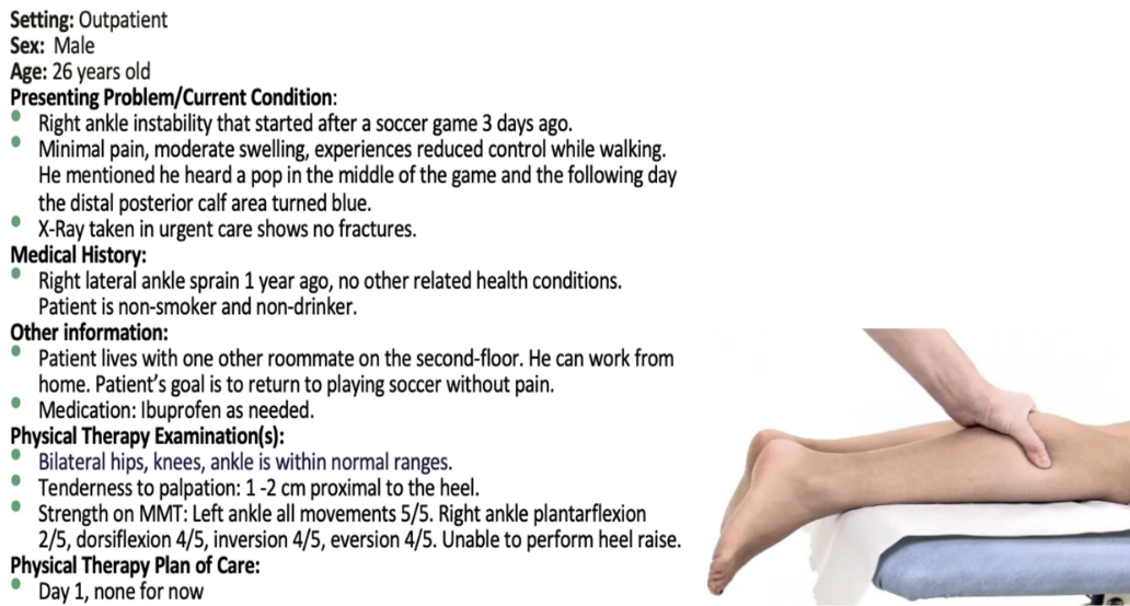 <p>On examination, which special test is MOST LIEKLY to be positive in this patient?</p><ol><li><p>Anterior drawer test</p></li><li><p>Kleiger’s test</p></li><li><p>Thompson test</p></li><li><p>Talar tilt test</p></li></ol><p></p>