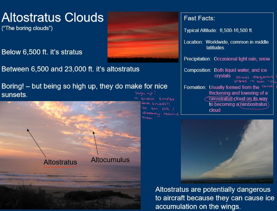 <p>grey and or blue, cover whole sky. right now they only produce light drizzle, they were formed from descending and thickening cirrostratus clouds (high clouds now middle). LATER when they descend further to become nimbostratus (low clouds) they produce continous rain or snow. THEY ARE A SIGNAL: WEATHER CHANGE SOON WHEN THEY LOWER THEMSELVES.</p>
