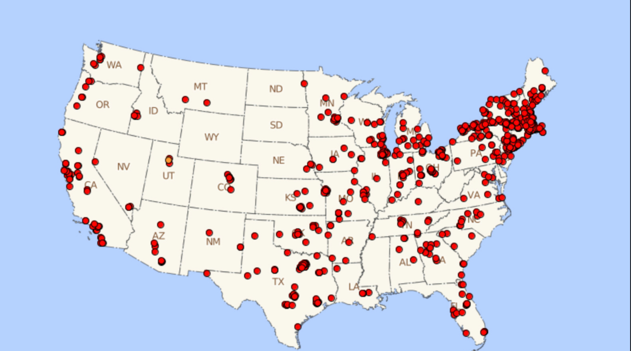 <p>A thematic map using dots to represent occurrences or quantities.</p>