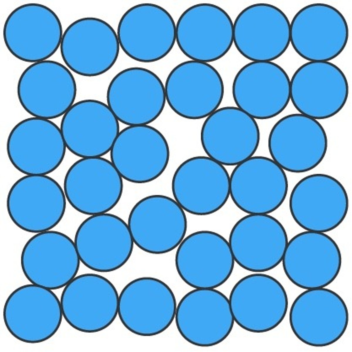 <p>Irregular, but still touching<br>Random Positions<br>Weak forces between particles<br>Small distance between particles<br>Slow particles motion, flow over and around each other randomly</p>