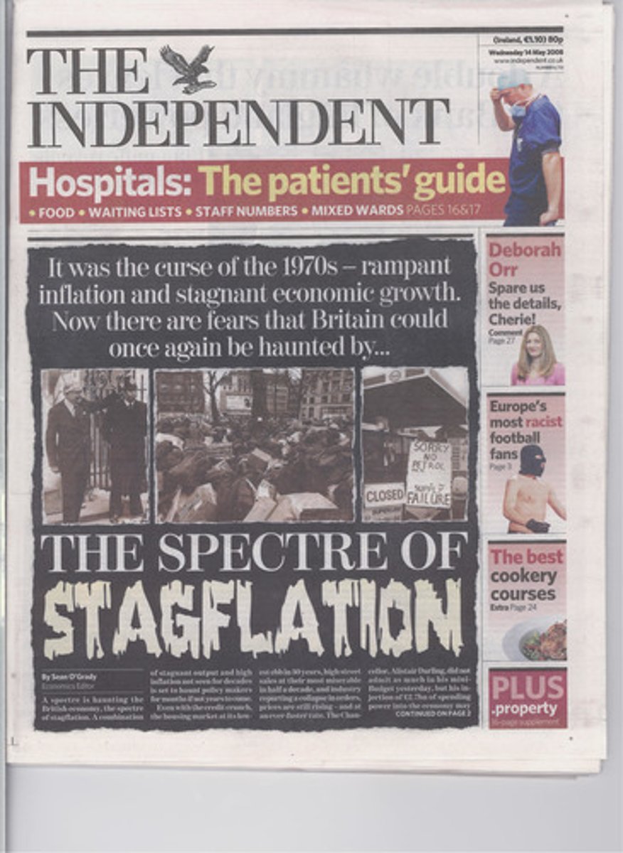 <p>a period of slow economic growth and high unemployment (stagnation) while prices rise (inflation)</p>