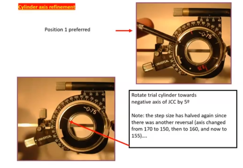 <p>so now axis moved to 160 </p><p>have handle at 160 and ask again if position 1 or position 2 when flipped is better </p><p>position 1 was preffered </p><p>so rotate the cyl axis towards the negative axis of JCC by 5 degrees </p><p>now 155 </p>