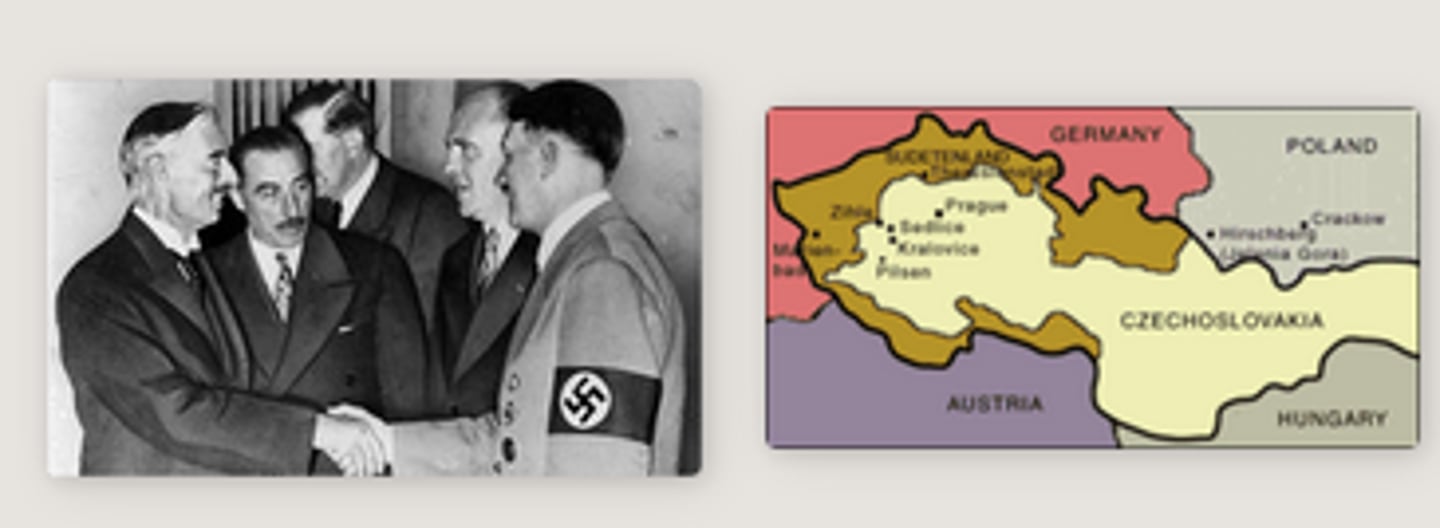 <p>-Britain tried to appease Hitler by giving Germany the Sudetenland around Czechoslovakia as long as he promised not to take any more land.</p><p>-It didn't work. 6 months later Hitler invaded and conquered the rest of Czechoslovakia.</p>