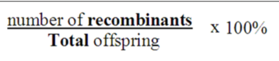 <p>calculated by taking the number of individuals with recombinant phenotypes and dividing by total number of individuals and then multiplied by 100. This will give you percent which is equal to map units which is the distance between the genes on the chromosome</p>