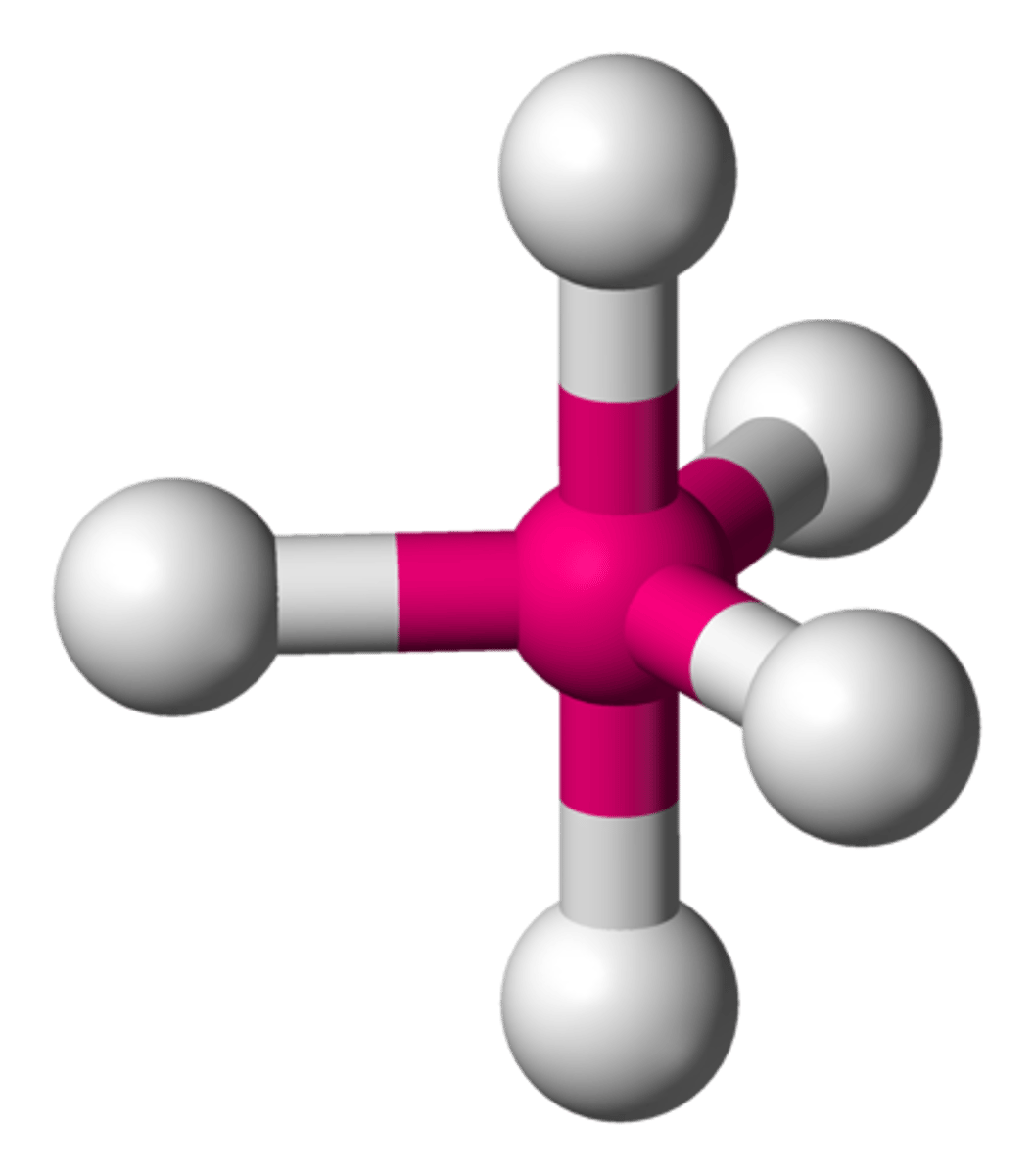 <p>- Trigonal bipyramidal molecular geometry.</p><p>- In chemistry a trigonal bipyramid formation is a molecular geometry with one atom at the center and 5 more atoms at the corners of a triangular di-pyramid.</p><p>- Example of this molecular geometry are phosphorus pentafluoride (PF5)</p>