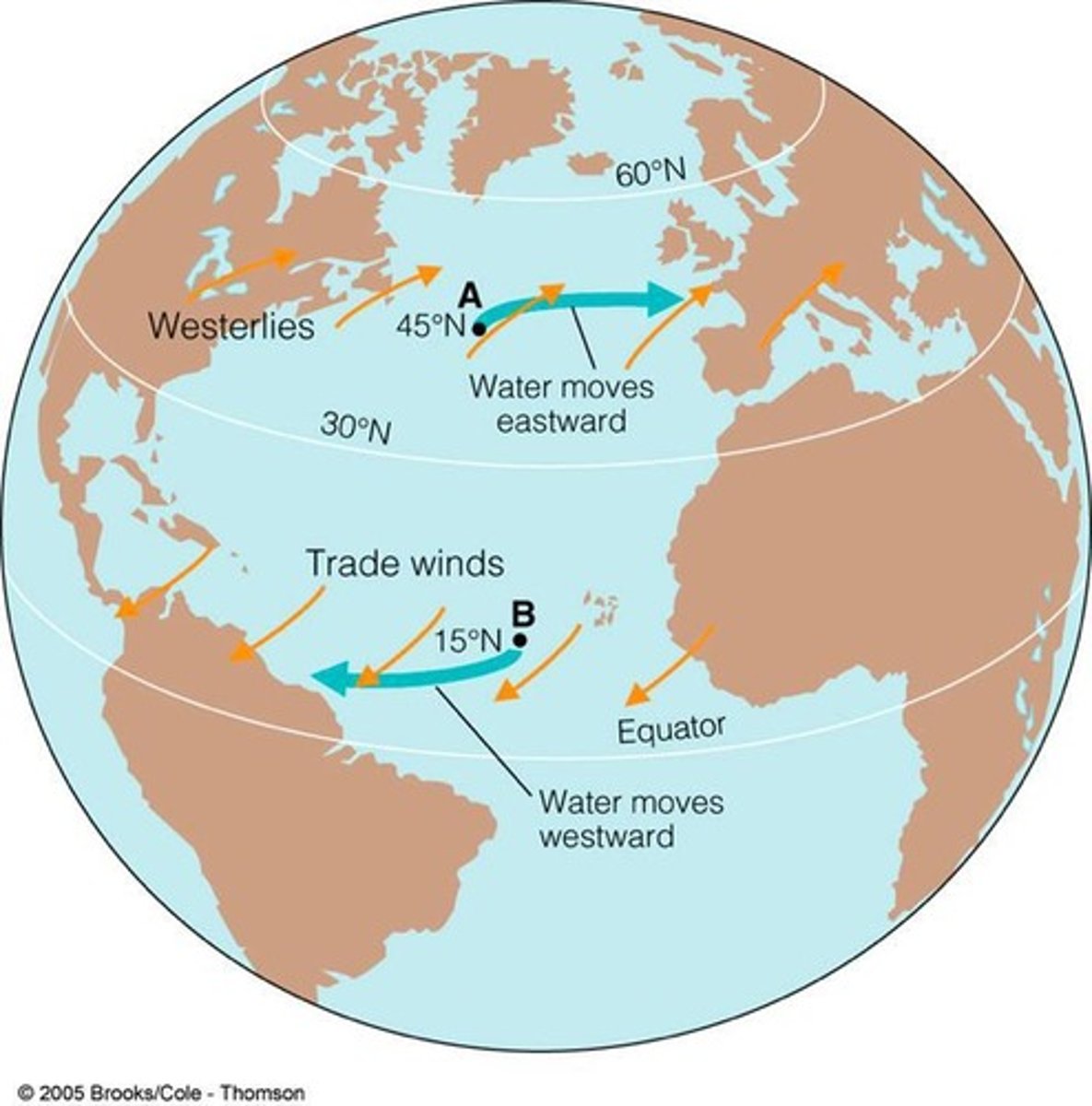 <p>large, slow, circular system of circulating ocean currents, clockwise -> NH, counter-clockwise -> SH</p>