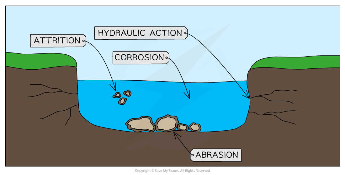 <ul><li><p><span>Hydraulic action - </span>The force of the water, which removes material from the bed and banks of the river</p></li><li><p><span>abrasion - </span>When the materials carried by the river scrape away the banks and bed</p></li><li><p><span>attrition - </span>When the material being carried by the river hits each other, the pieces become rounder and smaller</p></li><li><p><span>corrosion (solution) - </span>When rocks are dissolved in slightly acidic water</p></li></ul>