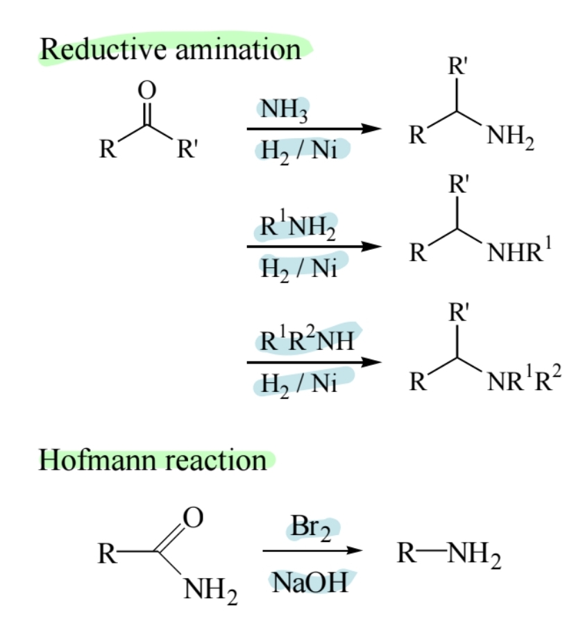 <p><span>Aldehydes or ketones react with ammonia or amines in the presence of reducing agents to form amines.</span></p>