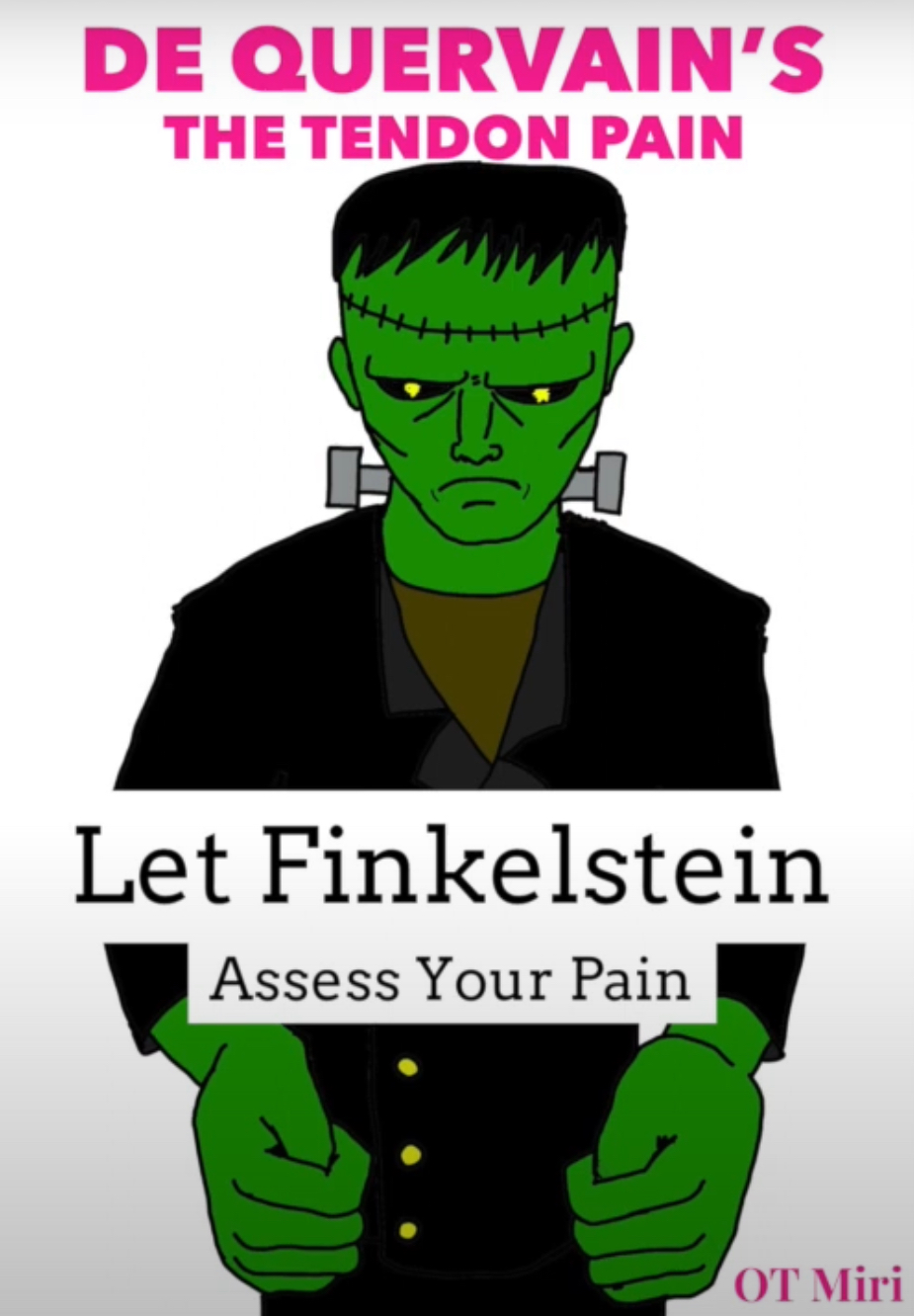 <p>-Stenosing tenosynovitis of abductor pollicis longus and extensor pollicis brevis <br>-Positive finkelstein test<br><span data-name="high_voltage" data-type="emoji">⚡</span>️Moms feel like <strong>Frankenstein’s</strong> monster from changing so many diapers in the middle of the night and getting De Quervain’s<br>-Conservative tx </p><ul><li><p>thumb spica</p></li><li><p>ice massage</p></li><li><p>AROM</p></li></ul><p>-Postop tx </p><ul><li><p><em>forearm</em> thumb spica</p></li><li><p>0-2 weeks: AROM </p></li><li><p>2-6 weeks: strengthening</p></li></ul><p></p>