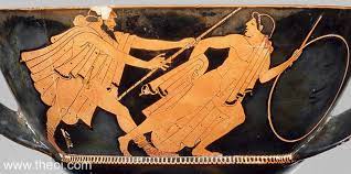 <p>This red figure vase of Zeus is barely clothed, and he is pursuing the Trojan prince Ganymede who is his lover.</p>