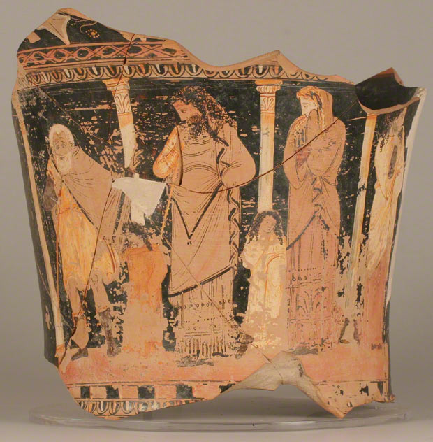 <p>Capodarso Painter: Sicilian calyx-krater Oedipus and his family with the Corinthian messenger, Greek, c. 330s BCE</p>